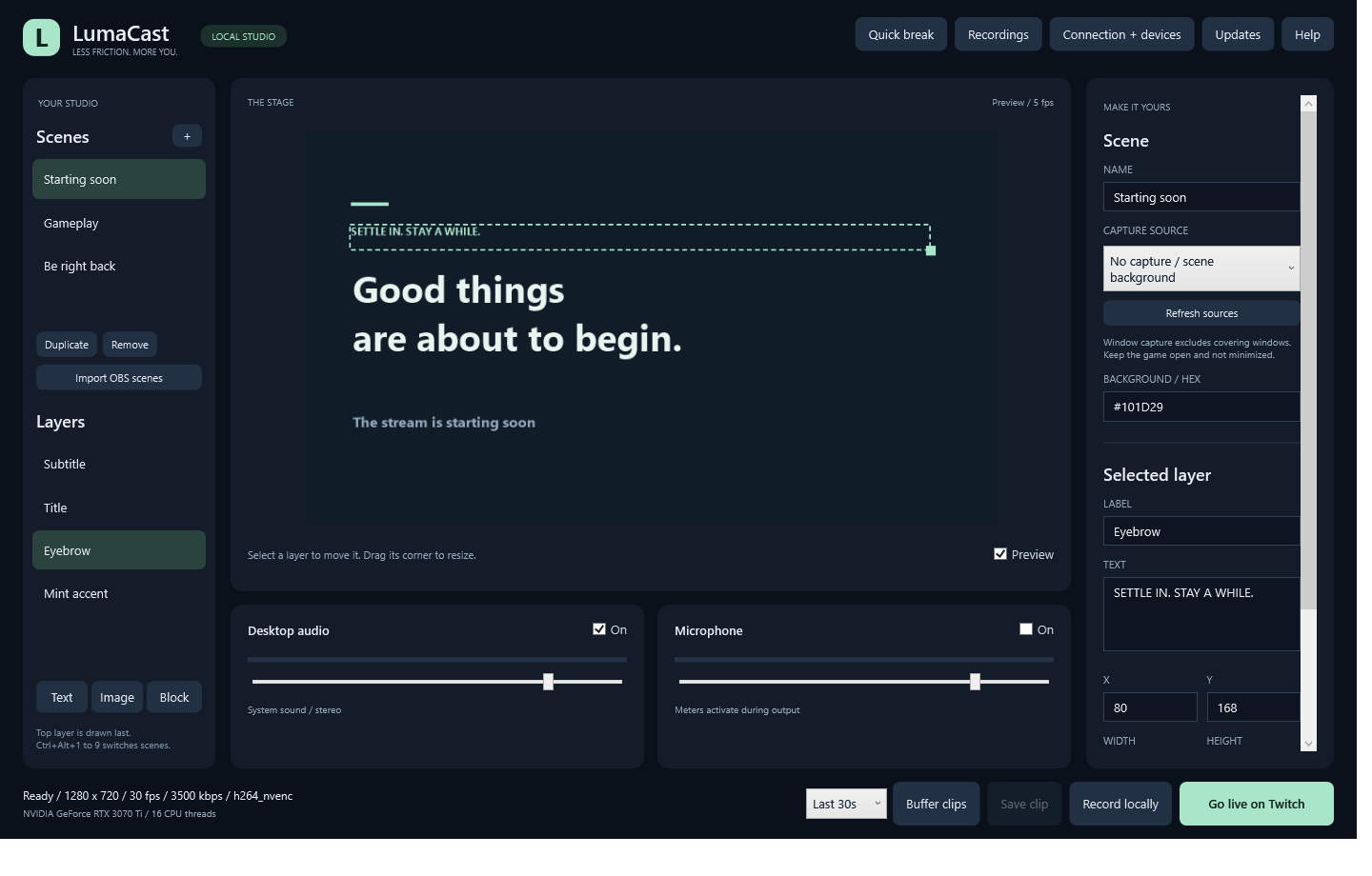 LumaCast scene editor with Starting soon scene, overlays and audio controls