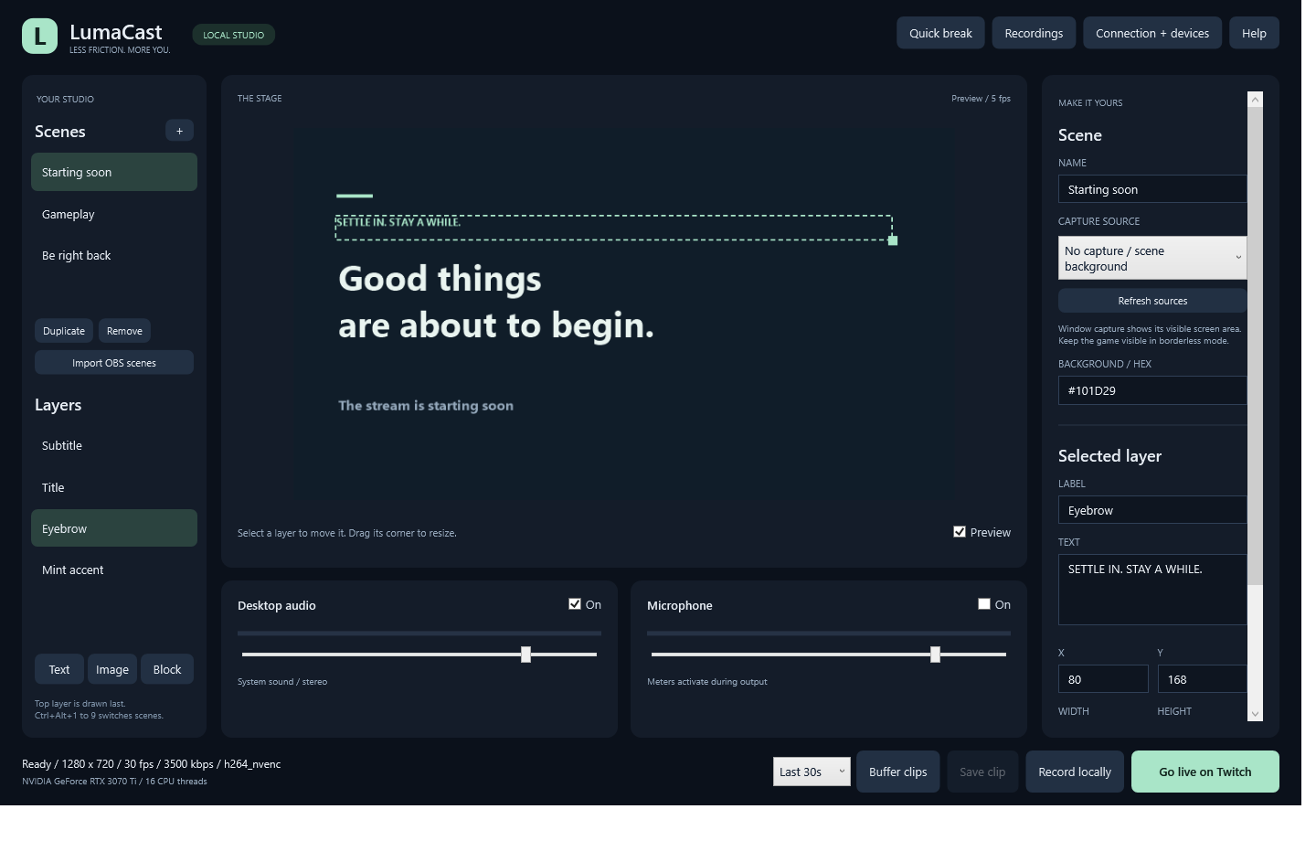 LumaCast desktop application with scene preview, sources and audio controls