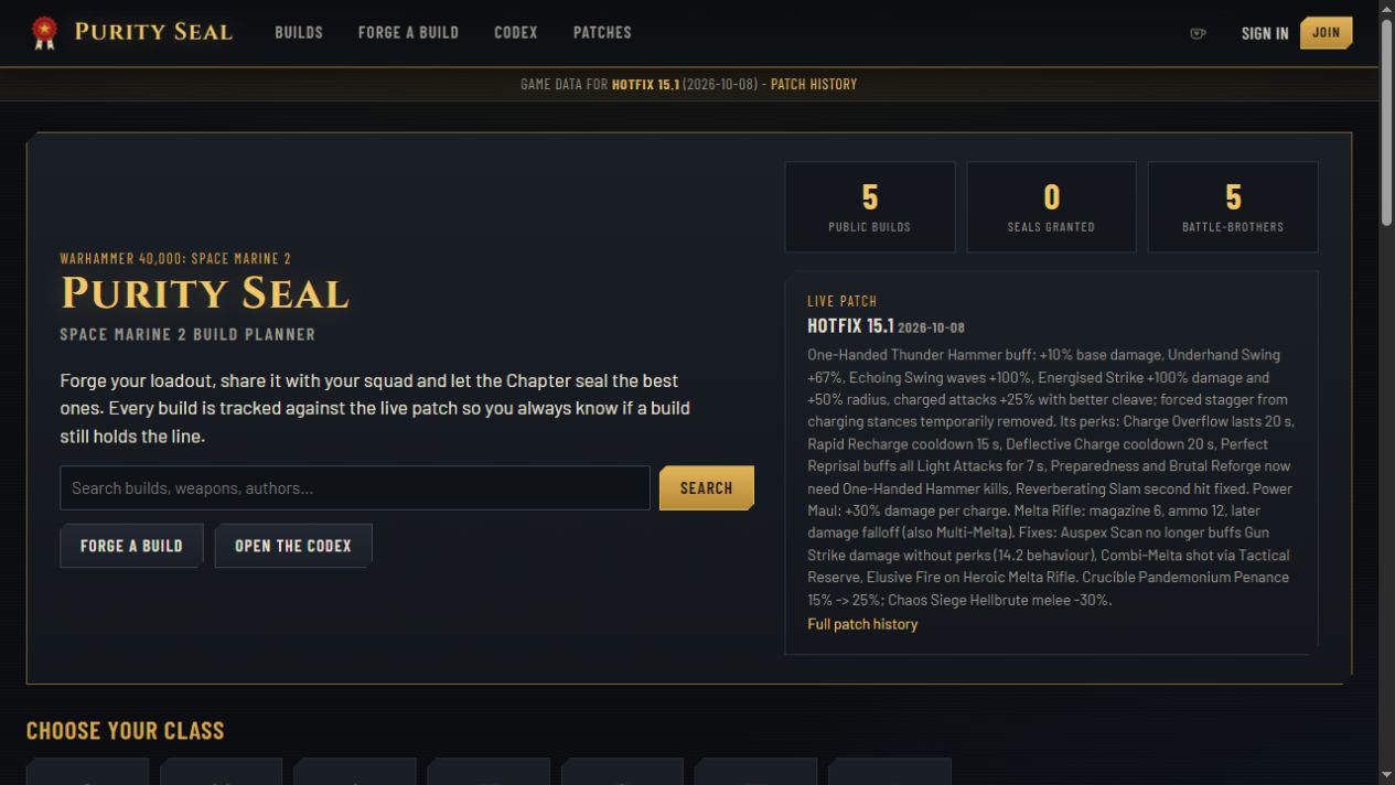 Purity Seal website showing its Space Marine 2 build planner and community builds